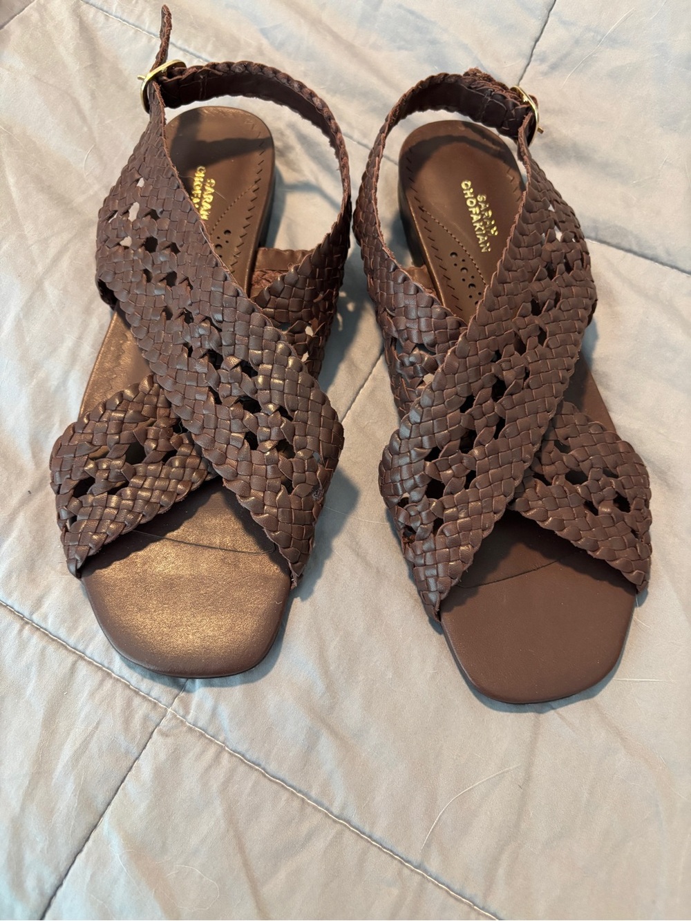 Woven Leather Crisscross Slingback Sandals - Brown
